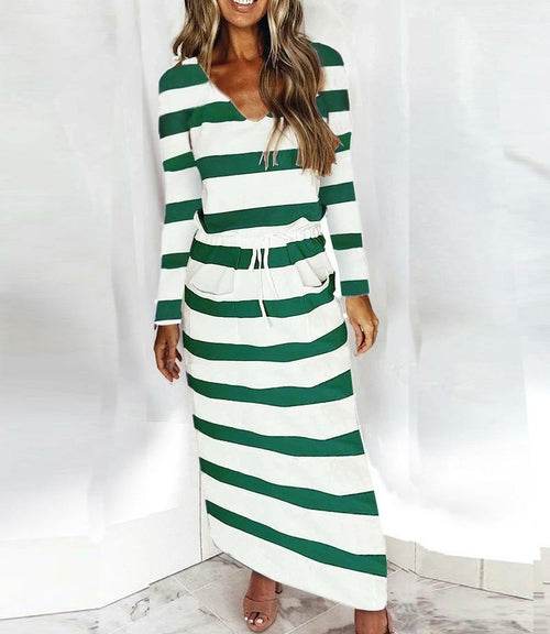 Women Casual Dress Spaghetti Long Sleeve Dress V Neck Splicing Dress - Big J's Showstoppin' Store